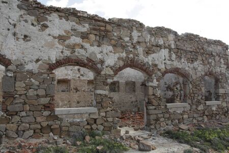 Old ruins of ancient military fort of the Second Word War, Punta Rossa, Caprera, Sardinia, Italyの写真素材