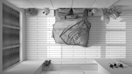 Unfinished project, panoramic minimalist bedroom with parquet, big window, house plants, soft duvet and pillows. Eco green concept, interior design, top view, plan, aboveの写真素材