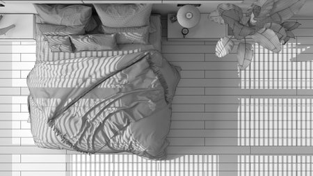 Unfinished project, modern minimalist bedroom with parquet, big window, house plants, soft duvet and pillows. Eco green concept, interior design, top view, plan, aboveの写真素材
