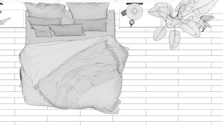 Blueprint project draft, modern minimalist bedroom with parquet, big window, house plants, soft duvet and pillows. Eco green concept, interior design, top view, plan, aboveの写真素材