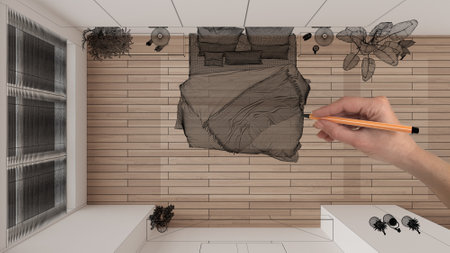 Empty white interior with parquet, hand drawing custom design project, black ink sketch, blueprint showing modern bedroom with double bed, concept, mock-up, idea, plan, above, top viewの写真素材