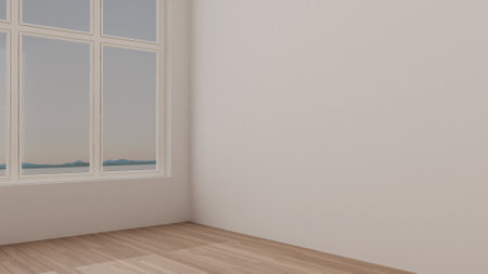 Empty room interior design, open space with big panoramic window, eco parquet wooden floor, white walls, modern architecture idea conceptの写真素材