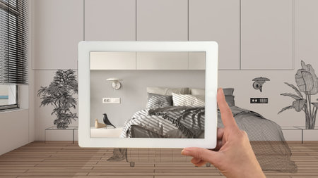 Augmented reality concept. Hand holding tablet with AR application used to simulate furniture products in custom architecture design, black ink sketch, modern bedroom with decorsの写真素材