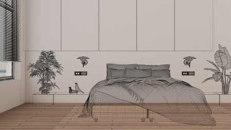 Empty white interior with white walls and herringbone parquet wooden floor, custom architecture design project, black ink sketch, blueprint showing modern bedroom, architecture ideaの写真素材