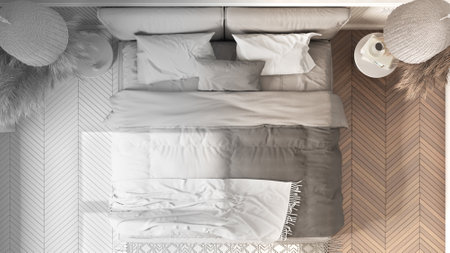 Architect interior designer concept: hand-drawn draft unfinished project that becomes real, elegant bedroom with modern furniture, classic interior design idea, top view, plan, aboveの写真素材