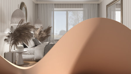 Abstract architecture background, wavy fluid shape, creative wall, minimalist classic bedroom in...