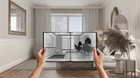 Hands holding notepad with classic bedroom design blueprint sketch or drawing. Real interior design project background. Before and after concept, architect designer work flow ideaの写真素材