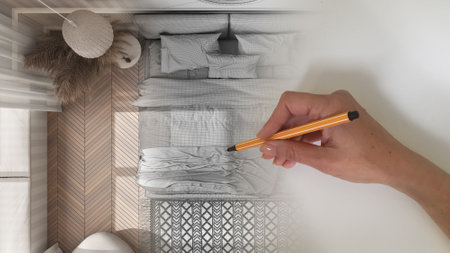 Architect interior designer concept: hand drawing a design interior project while the space becomes real, classic white and wooden bedroom with double bed, top view, plan, aboveの写真素材