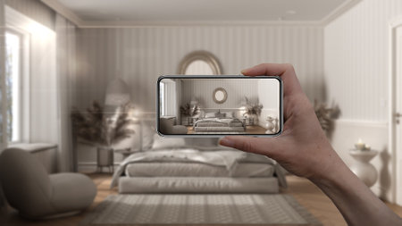 Hand holding smart phone, AR application, simulate furniture and interior design products in real home, architect designer concept, blur background, classic bedroom with double bedの写真素材