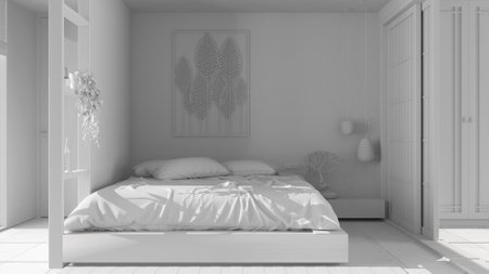 Total white project, minimalist bedroom in japanese style, parquet floor, double wooden bed with pillows, sliding door, pendant lamps, carpet and decors, modern interior designの写真素材