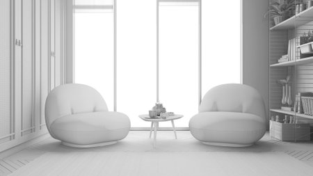 Total white project draft, minimalist living room in japanese style, armchair, carpet and parquet. Tea time, glass teapot and teacup, snacks. Big window, modern interior designの写真素材