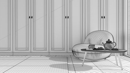 Unfinished project, vintage wardrobe background, modern armchair with carpet and table. Tea time, glass teapot and teacup, snacks. Relax concept with copy space, interior designの写真素材