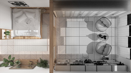 Architect interior designer concept: hand-drawn draft unfinished project that becomes real, bedroom...