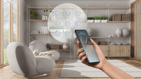 Smart home technology interface on phone app, augmented reality, internet of things, interior design...