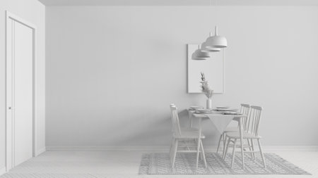 Total white project draft, modern dining room with table set and vintage scandinavian chair, empty space with carpet, door, mirror and pendant lamps. Copy space, interior design ideaの写真素材