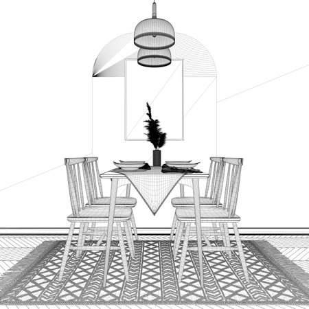 Blueprint project draft, modern dining room with table set and vintage scandinavian chair, empty space with carpet, door, mirror and pendant lamps. Copy space, interior design ideaの写真素材