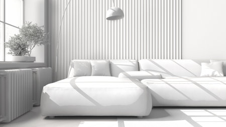 Total white project draft, modern living room in classic apartment, close-up, parquet floor, comfortable sofa with pillows, floor lamp, carpet, plants, interior design ideaの写真素材