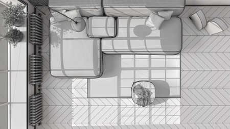 Unfinished project draft, modern living room in classic apartment with big window, parquet, sofa, pillows, pouf with blanket, lamp, carpet, interior design idea, top view, plan, aboveの写真素材