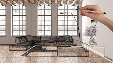 Empty white interior with parquet and wooden roof beams, hand drawing custom architecture design, black ink sketch, blueprint showing modern living room, concept, mock-up, ideaの写真素材