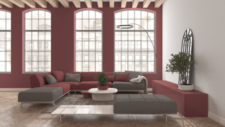 Modern living room in vintage apartment in beige and red tones with big old window, sofa with pillows, carpet, table. Classic parquet floor, wooden roof beams, interior design ideaの写真素材