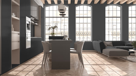 Modern kitchen and living room in vintage apartment in beige and gray tones with big windows, sofa...