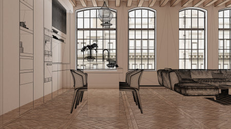 Empty white interior with white walls, parquet, wooden roof beams, custom architecture design project, black ink sketch, blueprint showing kitchen and living room, architecture ideaの写真素材