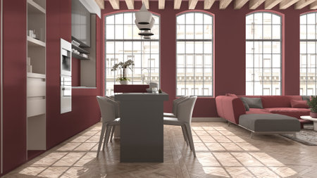 Modern kitchen and living room in vintage apartment in beige and red tones with big windows, sofa...