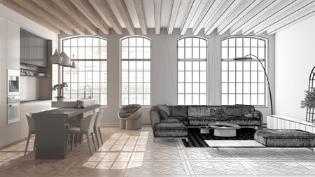Architect interior designer concept: hand-drawn draft unfinished project that becomes real, kitchen, living and dining room. Classic parquet, wooden roof beams, interior design ideaの写真素材