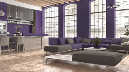 Modern kitchen and living room in vintage apartment in beige and liliac tones with big windows, sofa...