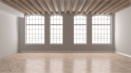 Empty room interior design, open space with big panoramic wooden arched windows, classic vintage parquet wooden floor, wooden roof beams, white walls, modern architecture ideaの写真素材