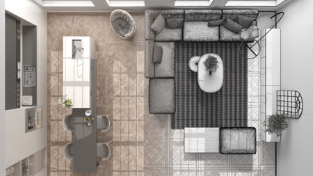 Architect interior designer concept: hand-drawn draft unfinished project that becomes real, kitchen,...