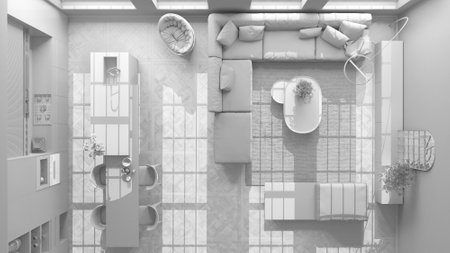 Total white project draft, modern kitchen and living room in vintage apartment with windows, sofa,...