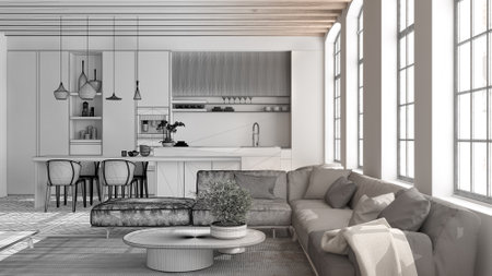 Architect interior designer concept: hand-drawn draft unfinished project that becomes real, kitchen, living and dining room. Classic parquet, wooden roof beams, interior design ideaの写真素材