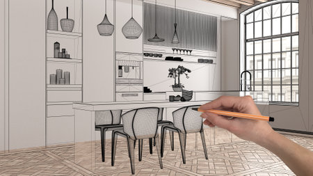 Empty white interior with parquet and wooden roof beams, hand drawing custom architecture design, black ink sketch, blueprint showing kitchen and dining room, concept, mock-up, ideaの写真素材