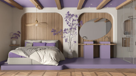 Modern creative liliac and wooden bedroom with bathroom, open space with parquet and concrete floor. Roof beams, large shower, sink, mirror, potted tree. Spa suite interior designの写真素材