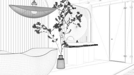 Blueprint project draft, modern creative bathroom, open space with parquet floor. Roof beams, shower, free standing bathtub, double sink, mirror, decors. Interior design conceptの写真素材