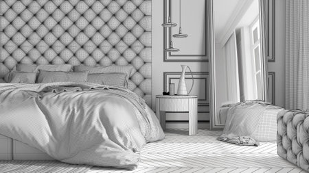 Unfinished project draft, classic bedroom with modern furniture, close up, parquet, velvet double bed with pillows, side table, lamp, carpet, mirror and decors. Interior design ideaの写真素材
