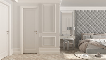 Classic bedroom hotel suite in beige tones with velvet double master bed, parquet, white doors, side table with chair, round carpet and decors. Interior design idea, relax conceptの写真素材