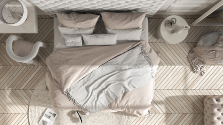 Classic bedroom hotel suite in beige tones with velvet double master bed, parquet, molded walls, side table with chair. Interior design idea, relax conceptの写真素材