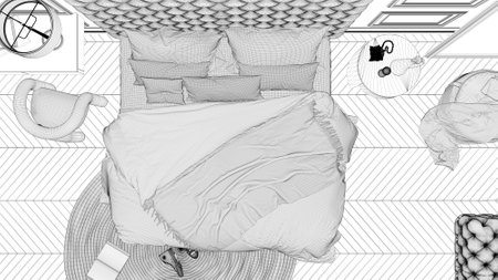 Blueprint project draft, classic bedroom hotel suite with velvet double master bed, parquet, molded walls, table with chair. Interior design idea, relax conceptの写真素材
