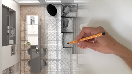 Architect interior designer concept: hand drawing a design interior project while the space becomes...
