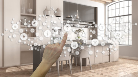 Glowing smart home interface, geometric background, connected line and dots showing internet of things system, hand pointing icons over kitchen interior, home automation conceptの写真素材