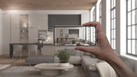 Hand holding smart phone, AR application, simulate furniture and interior design products in real home, architect designer concept, blur background, modern living room and kitchenの写真素材