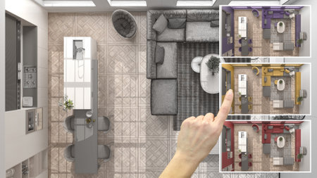 Architect designer concept, hand showing living room and kitchen colors in different options, top...