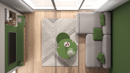 Cozy green and wooden living room in modern apartment, parquet floor, window, velvet sofa, carpet,...