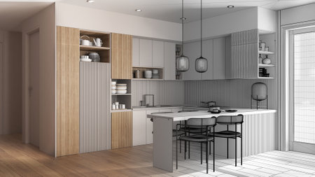 Architect interior designer concept: hand-drawn draft unfinished project that becomes real, kitchen and dining room, table with chairs. Shelves with potteries, pans and appliancesの写真素材