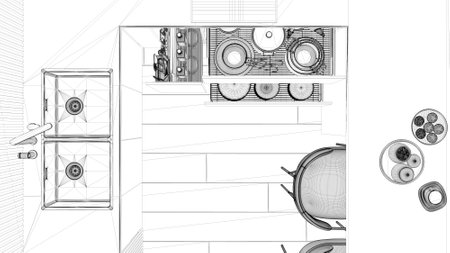 Blueprint project draft, kitchen close up with open drawers with accessories, table, chairs. Sink, induction hob, breakfast with cookies. Top view, plan, above, interior designの写真素材
