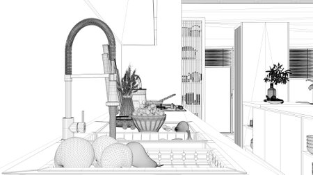 Blueprint project draft, kitchen close up, sink with running tap, fruit, orange, apple and pear. hob with pots. Vase with spikes, cutting boards. Healthy concept, interior design ideaの写真素材