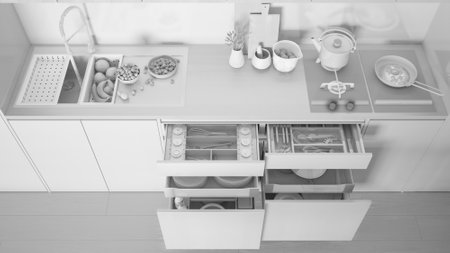 Total white project, kitchen close up, open drawers with accessories, sink, fruit, hob with pot, fried egg in a pan, cutting boards. Top view, above with copy space, interior designの写真素材