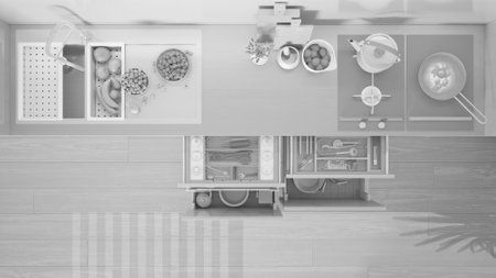 Total white project, kitchen close up top view, open drawers with accessories, sink with fruit, hob with pot and pan, cutting boards. Plan, above with copy space, interior designの写真素材